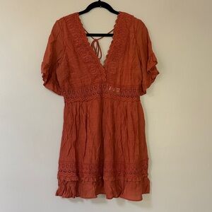 Wishlist Rust Orange Crochet-Trim V-Neck Dress